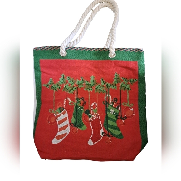Tapestry Christmas stockings thick rope handles zip top TOTE bag holly Canvas - Picture 1 of 5